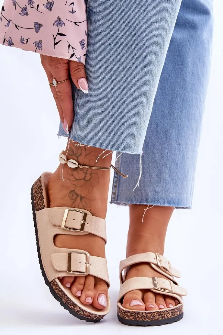 Damskie Boto Damskie Klapki Na Korkowej Platformie Z Paskami Beżowe Doretta