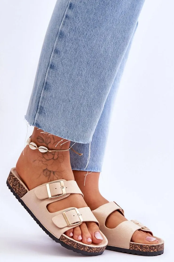 Damskie Boto Damskie Klapki Na Korkowej Platformie Z Paskami Beżowe Doretta