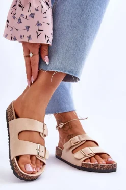 Damskie Boto Damskie Klapki Na Korkowej Platformie Z Paskami Beżowe Doretta