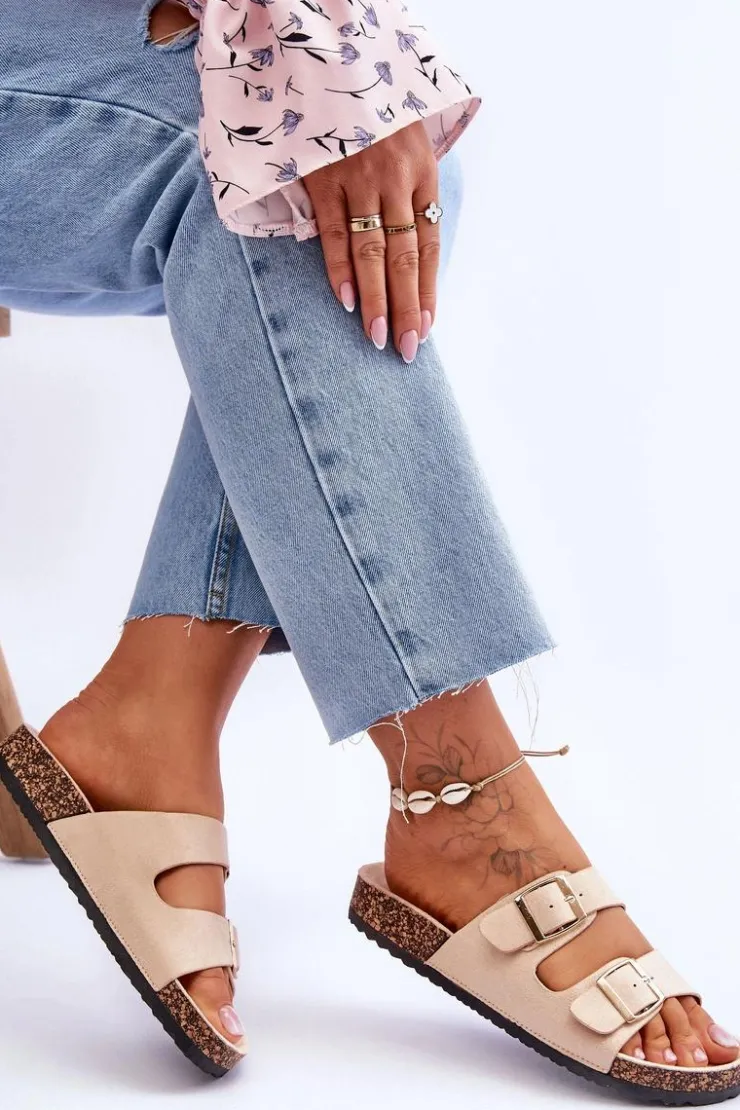 Damskie Boto Damskie Klapki Na Korkowej Platformie Z Paskami Beżowe Doretta