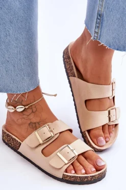 Damskie Boto Damskie Klapki Na Korkowej Platformie Z Paskami Beżowe Doretta