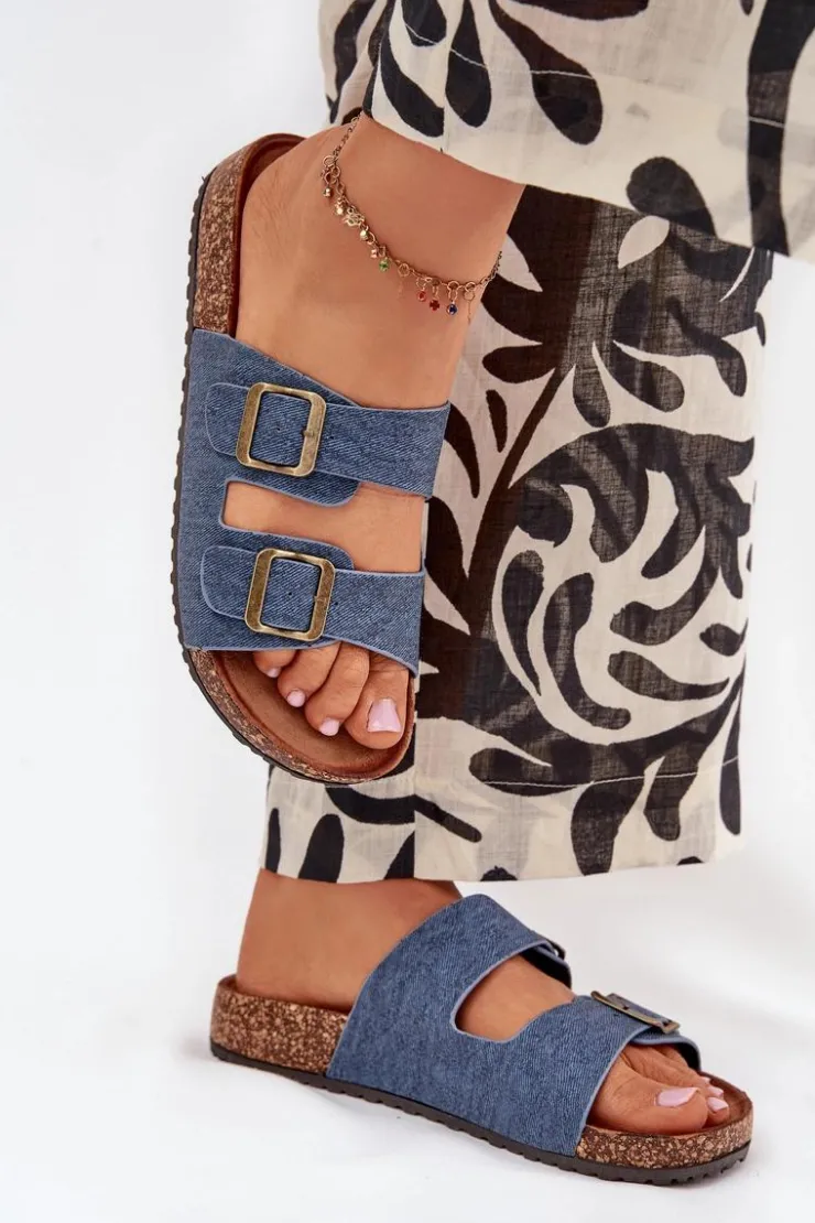 Damskie Evento Damskie Klapki Na Korkowej Platformie Z Klamrami Ciemny Jeans Vesina