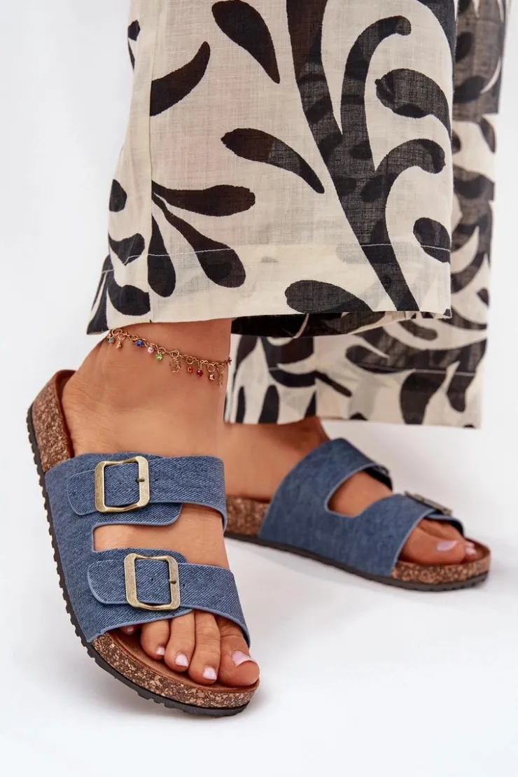 Damskie Evento Damskie Klapki Na Korkowej Platformie Z Klamrami Ciemny Jeans Vesina