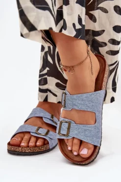 Evento Klapki Korkowe|Klapki Na Platformie*Damskie Klapki Na Korkowej Platformie Z Klamrami Jasny Jeans Vesina Niebieski