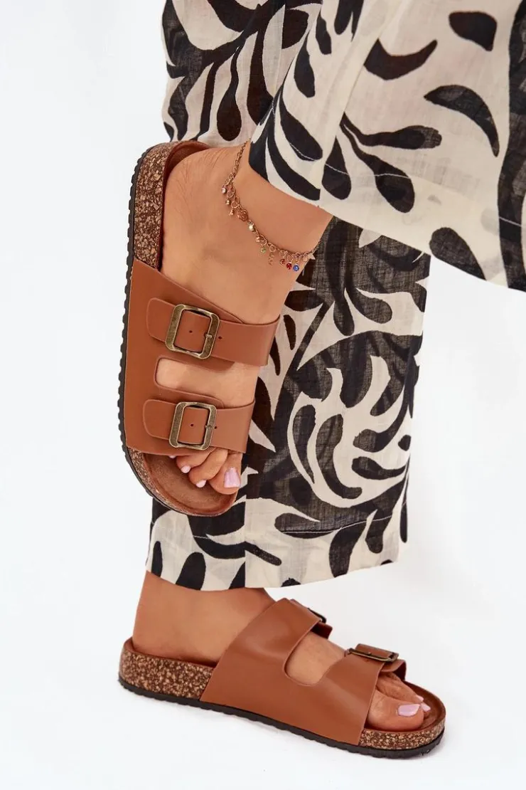 Damskie Evento Damskie Klapki Na Korkowej Platformie Z Klamrami Camel Vesina