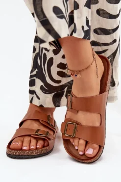 Damskie Evento Damskie Klapki Na Korkowej Platformie Z Klamrami Camel Vesina