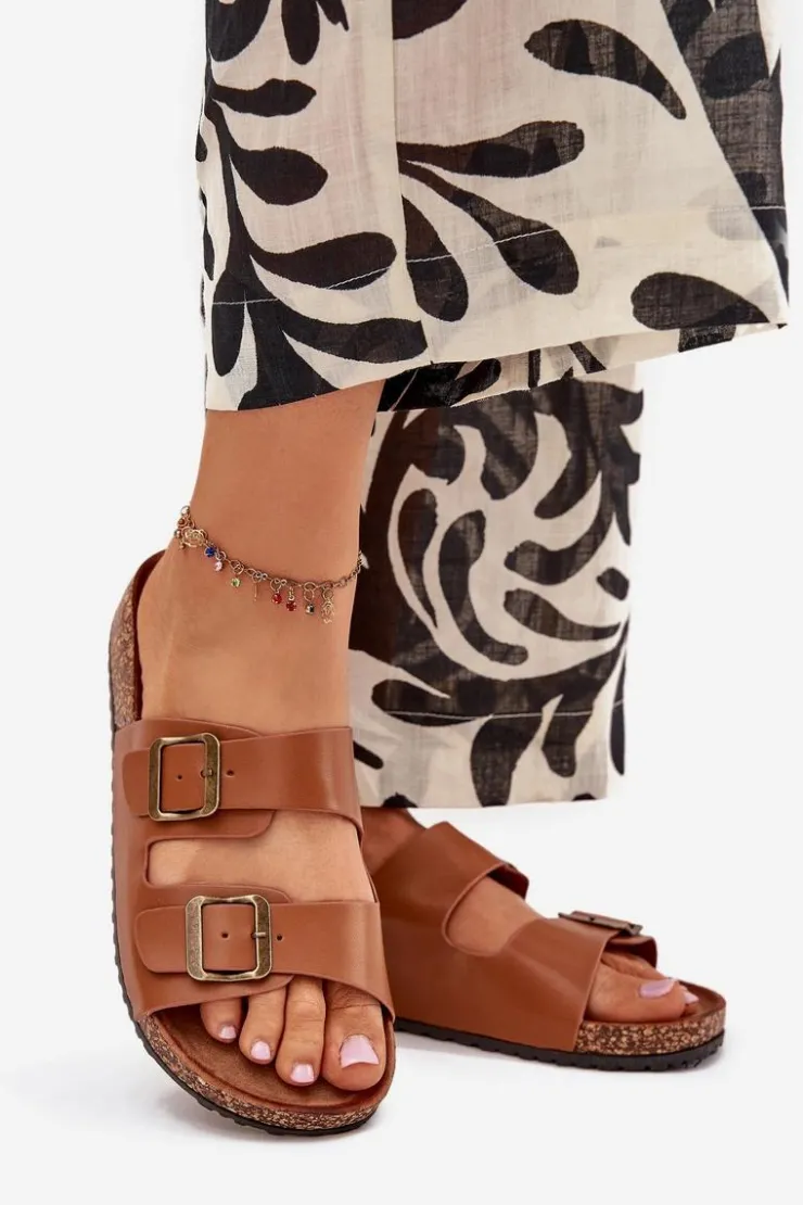 Damskie Evento Damskie Klapki Na Korkowej Platformie Z Klamrami Camel Vesina