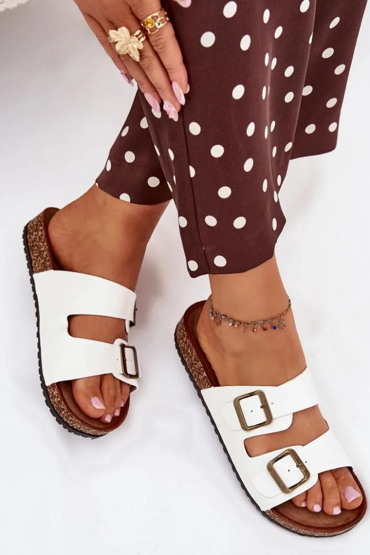 Clearance Evento Damskie Klapki Na Korkowej Platformie Z Klamrami Białe Vesina Biały