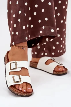 Clearance Evento Damskie Klapki Na Korkowej Platformie Z Klamrami Białe Vesina Biały