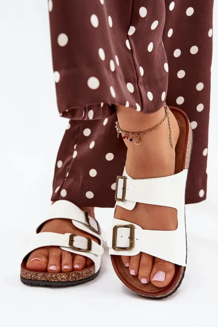 Clearance Evento Damskie Klapki Na Korkowej Platformie Z Klamrami Białe Vesina Biały