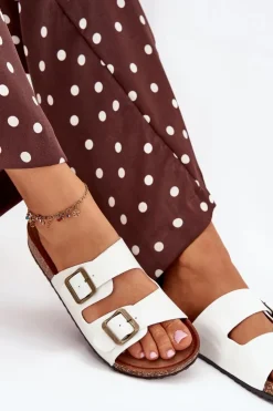 Clearance Evento Damskie Klapki Na Korkowej Platformie Z Klamrami Białe Vesina Biały