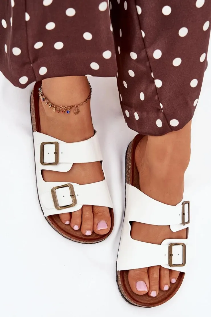 Clearance Evento Damskie Klapki Na Korkowej Platformie Z Klamrami Białe Vesina Biały