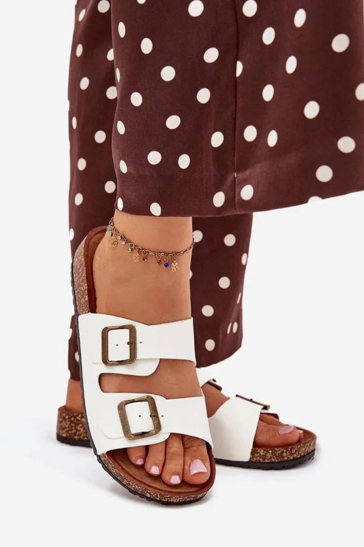 Clearance Evento Damskie Klapki Na Korkowej Platformie Z Klamrami Białe Vesina Biały