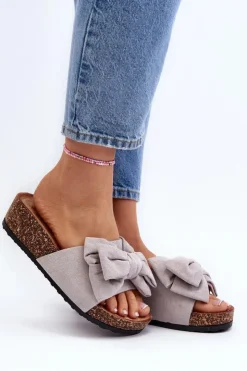 Damskie Boto Damskie Klapki Na Korkowej Platformie Z Kokardą Szare Tarena