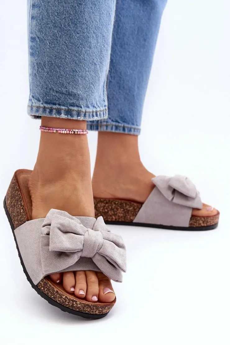 Damskie Boto Damskie Klapki Na Korkowej Platformie Z Kokardą Szare Tarena