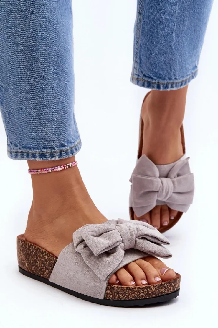 Damskie Boto Damskie Klapki Na Korkowej Platformie Z Kokardą Szare Tarena