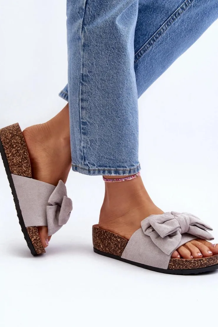 Damskie Boto Damskie Klapki Na Korkowej Platformie Z Kokardą Szare Tarena