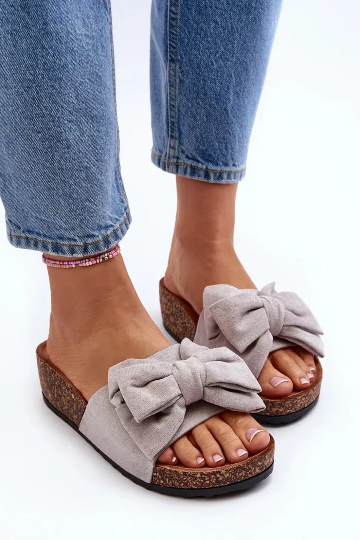 Damskie Boto Damskie Klapki Na Korkowej Platformie Z Kokardą Szare Tarena