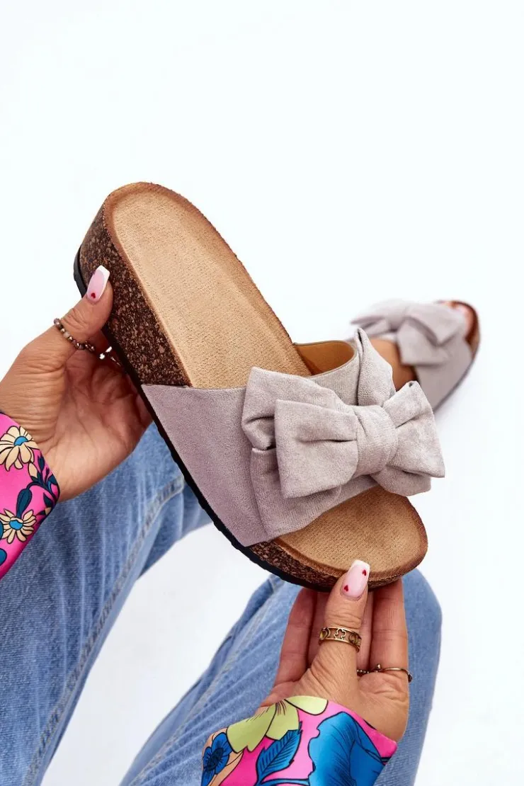 Damskie Boto Damskie Klapki Na Korkowej Platformie Z Kokardą Szare Tarena