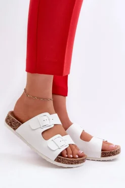 Damskie Boto Damskie Klapki Na Korkowej Platformie Z Klamrami Białe Klinesta