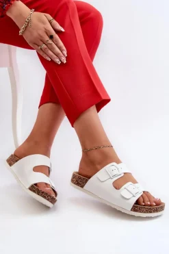 Damskie Boto Damskie Klapki Na Korkowej Platformie Z Klamrami Białe Klinesta