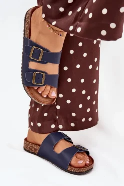 Best Evento Damskie Klapki Na Korkowej Platformie Z Klamrami Granatowe Vesina Niebieski