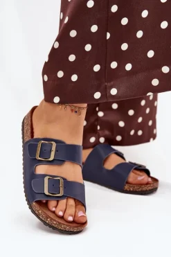 Best Evento Damskie Klapki Na Korkowej Platformie Z Klamrami Granatowe Vesina Niebieski