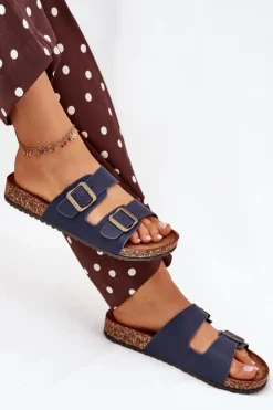 Best Evento Damskie Klapki Na Korkowej Platformie Z Klamrami Granatowe Vesina Niebieski