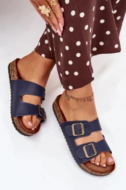 Best Evento Damskie Klapki Na Korkowej Platformie Z Klamrami Granatowe Vesina Niebieski