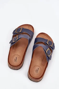 Best Evento Damskie Klapki Na Korkowej Platformie Z Klamrami Granatowe Vesina Niebieski