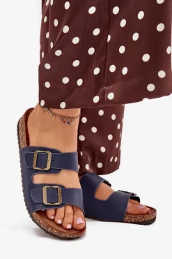 Best Evento Damskie Klapki Na Korkowej Platformie Z Klamrami Granatowe Vesina Niebieski