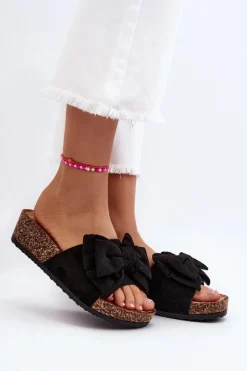 Damskie Boto Damskie Klapki Na Korkowej Platformie Z Kokardą Czarne Tarena