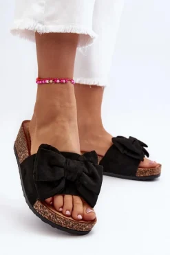 Damskie Boto Damskie Klapki Na Korkowej Platformie Z Kokardą Czarne Tarena