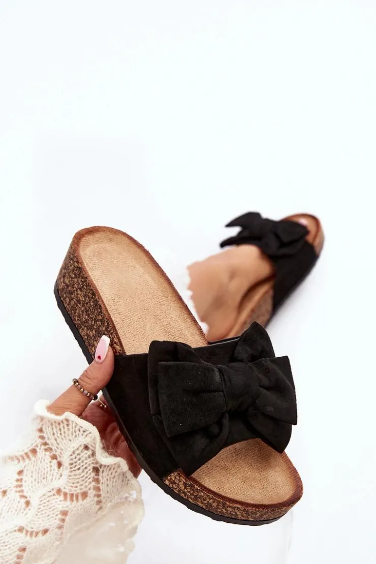 Damskie Boto Damskie Klapki Na Korkowej Platformie Z Kokardą Czarne Tarena