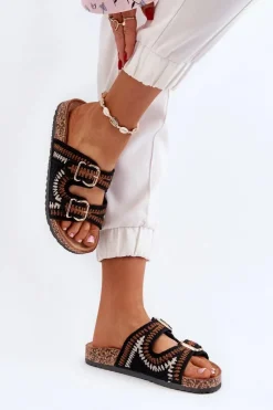 Damskie Boto Damskie Klapki Na Korkowej Podeszwie Czarne Fannea