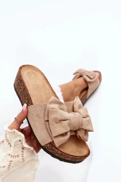 Sale Boto Damskie Klapki Na Korkowej Platformie Z Kokardą Khaki Tarena