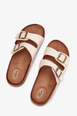 Damskie Evento Damskie Klapki Na Korkowej Platformie Z Klamrami Beżowe Vesina