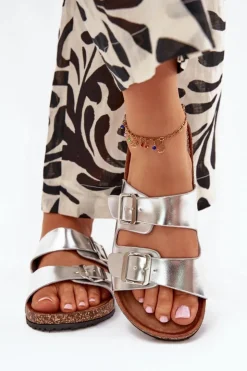 Hot Evento Damskie Klapki Na Korkowej Platformie Z Klamrami Srebrne Vesina Srebrny