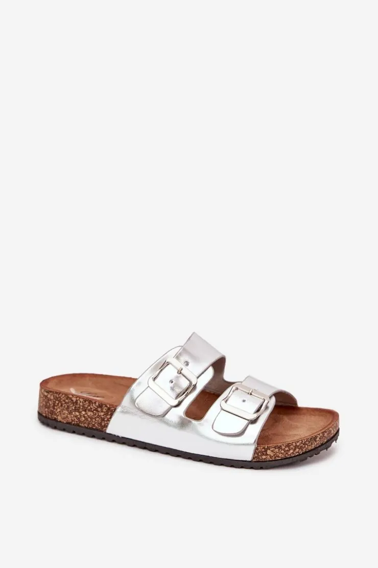 Hot Evento Damskie Klapki Na Korkowej Platformie Z Klamrami Srebrne Vesina Srebrny