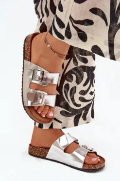 Hot Evento Damskie Klapki Na Korkowej Platformie Z Klamrami Srebrne Vesina Srebrny