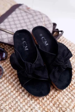 Damskie Boto Damskie Klapki Na Korku Kokarda Czarne Fallen