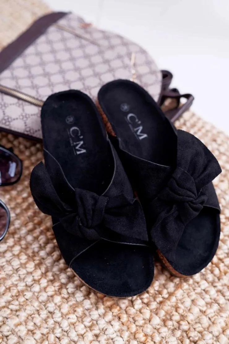 Damskie Boto Damskie Klapki Na Korku Kokarda Czarne Fallen