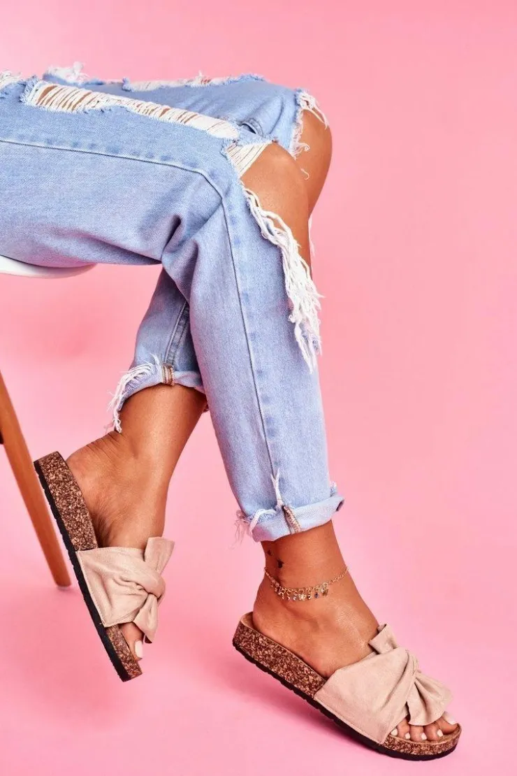 Damskie Boto Damskie Klapki Na Korku Kokardki Beżowe Felis