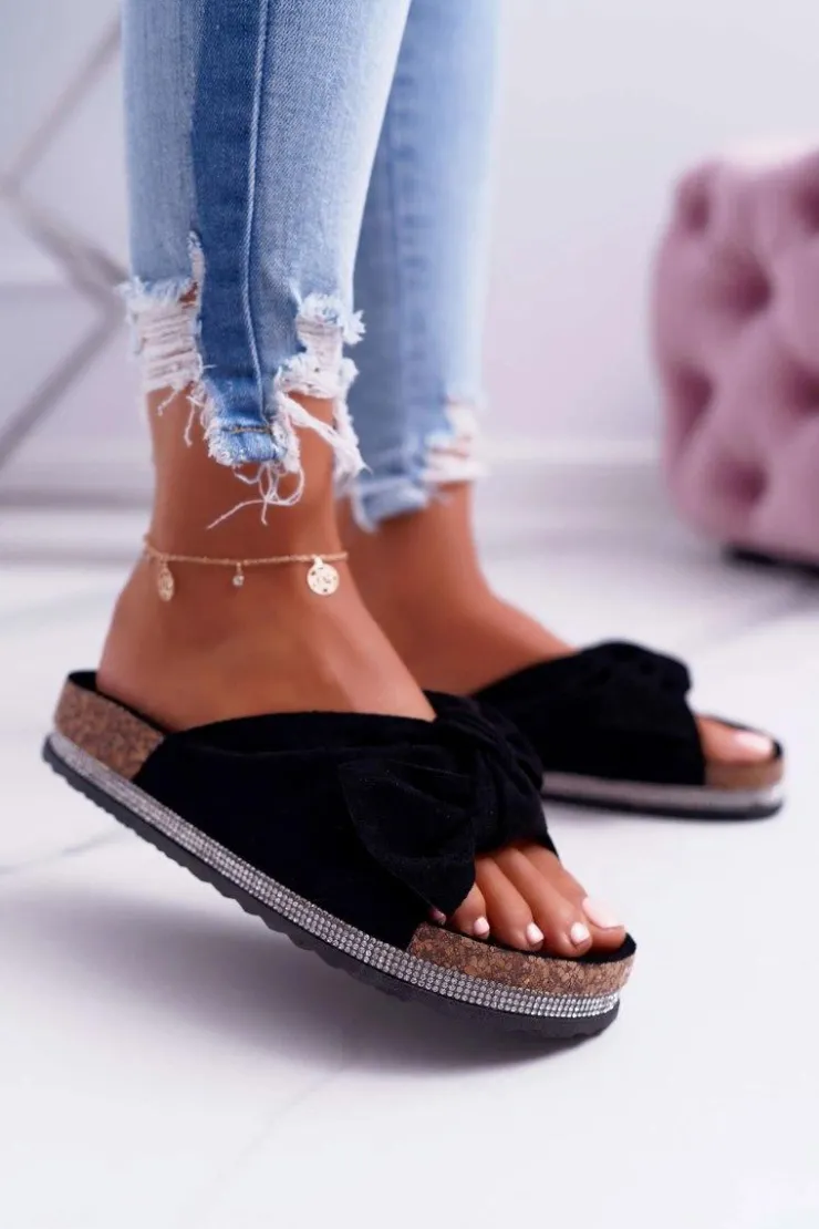 Boto Klapki Korkowe|Klapki Damskie Klasyczne*Damskie Klapki Na Korku Kokarda Cyrkonie Czarne Astria