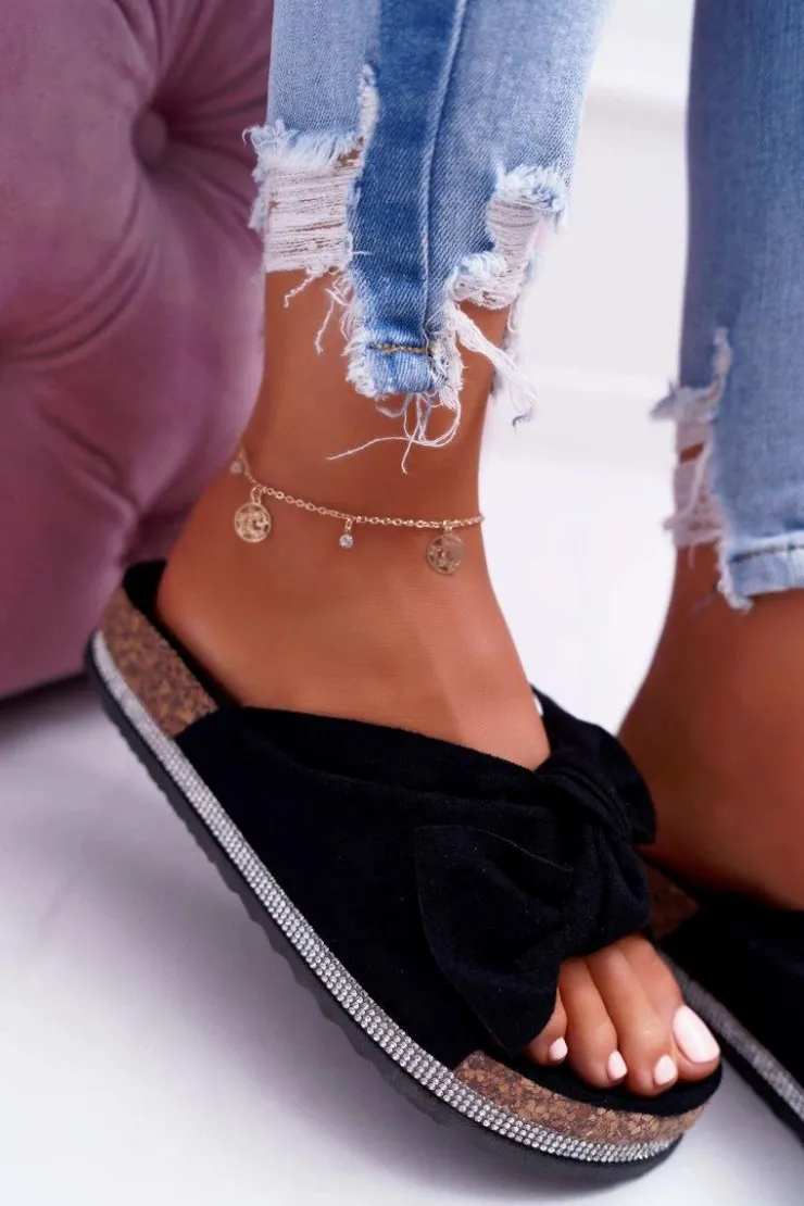 Boto Klapki Korkowe|Klapki Damskie Klasyczne*Damskie Klapki Na Korku Kokarda Cyrkonie Czarne Astria