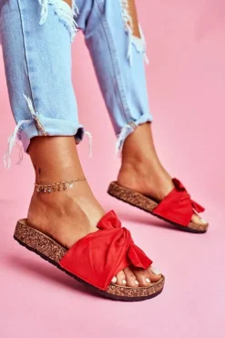 Damskie Boto Damskie Klapki Na Korku Kokardki Czerwone Felis