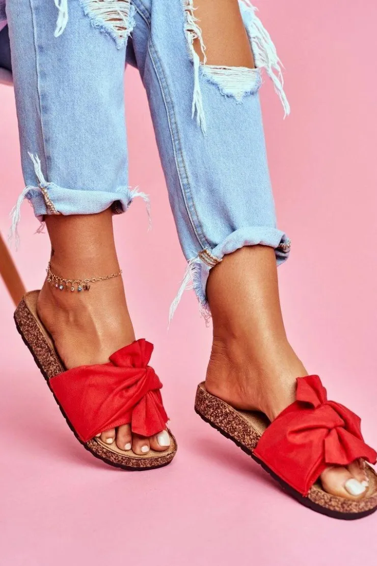 Damskie Boto Damskie Klapki Na Korku Kokardki Czerwone Felis