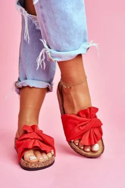 Damskie Boto Damskie Klapki Na Korku Kokardki Czerwone Felis