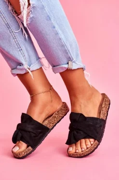 Damskie Boto Damskie Klapki Na Korku Kokardki Czarne Felis