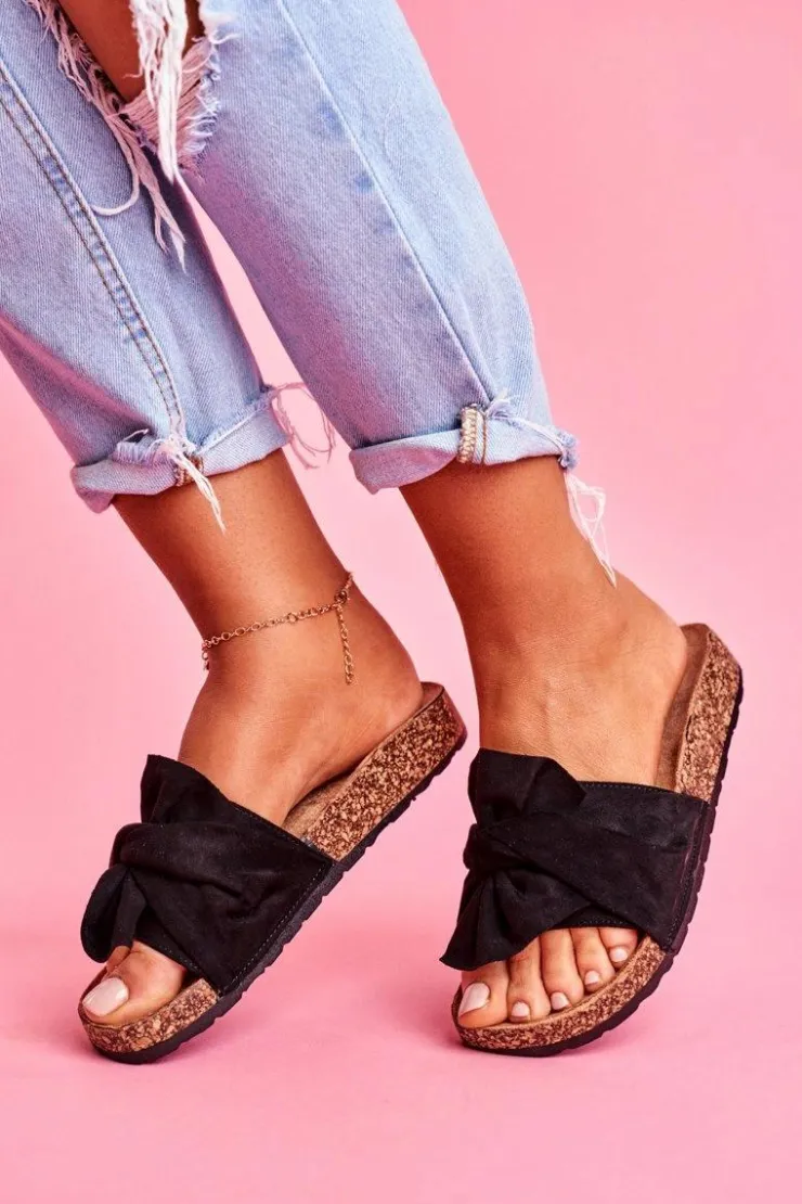 Damskie Boto Damskie Klapki Na Korku Kokardki Czarne Felis